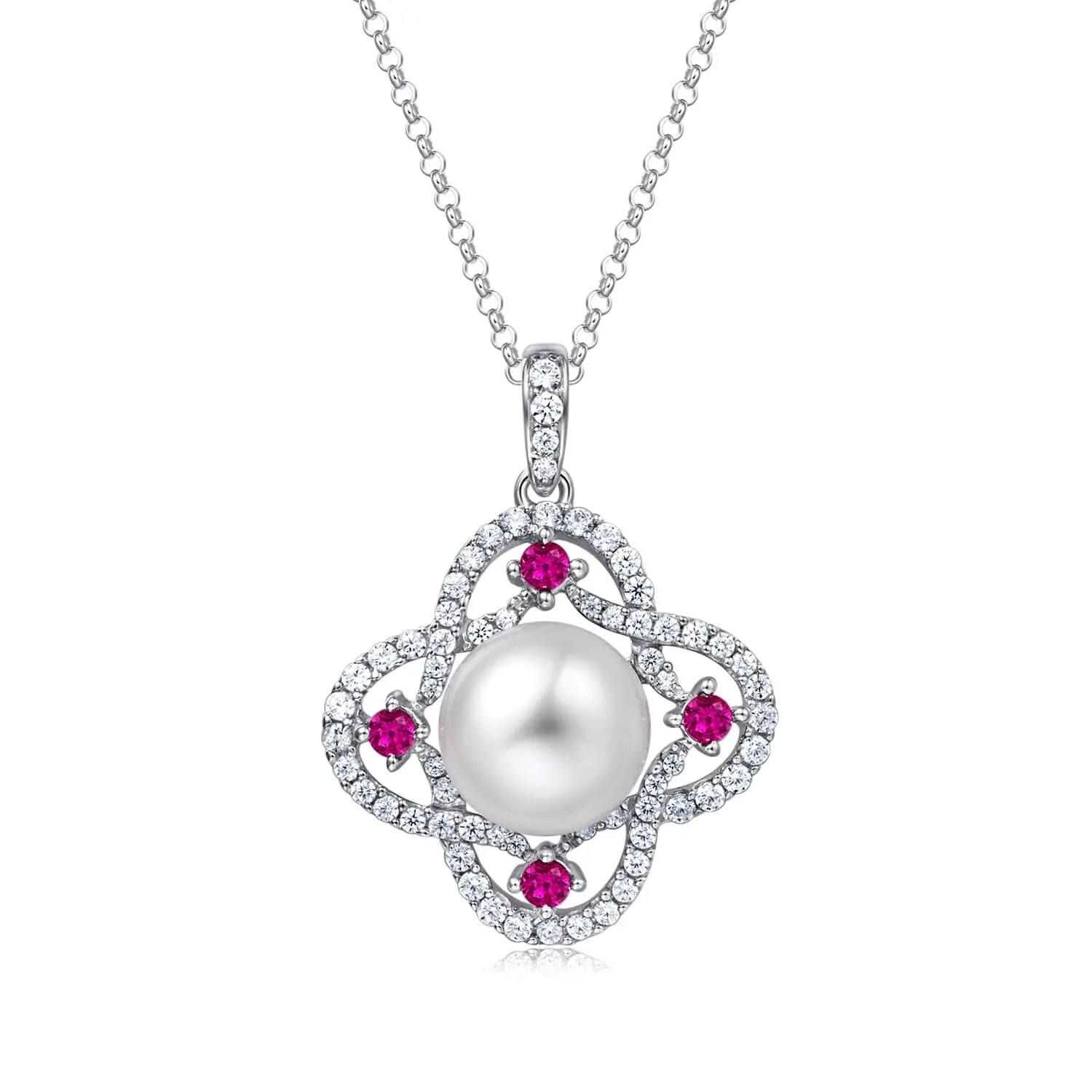 Molah Silver Freshwater Pearl and Cubic Zirconia Swirl Clover Pendant Necklace