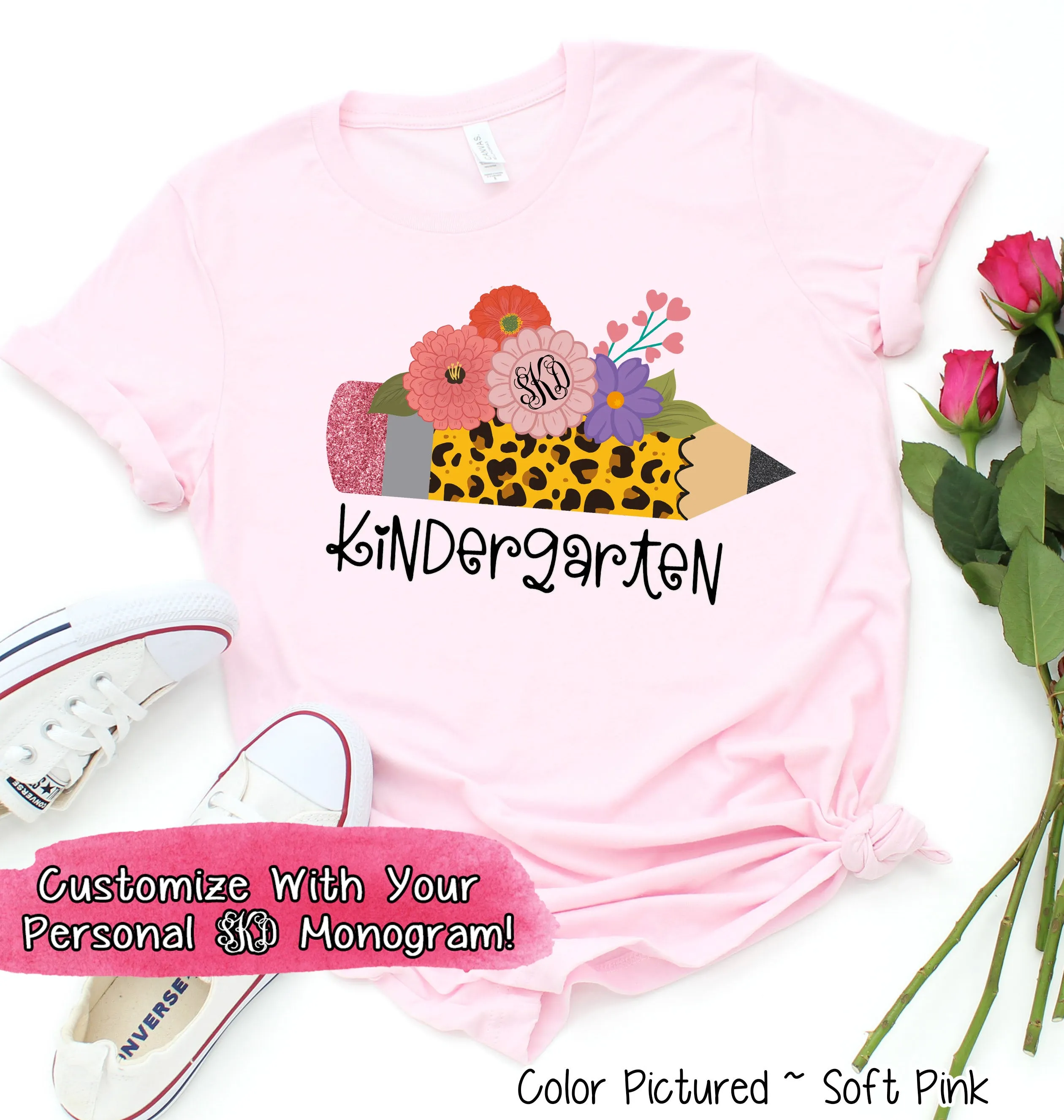 Monogram Floral Leopard Pencil Custom School Staff Tee