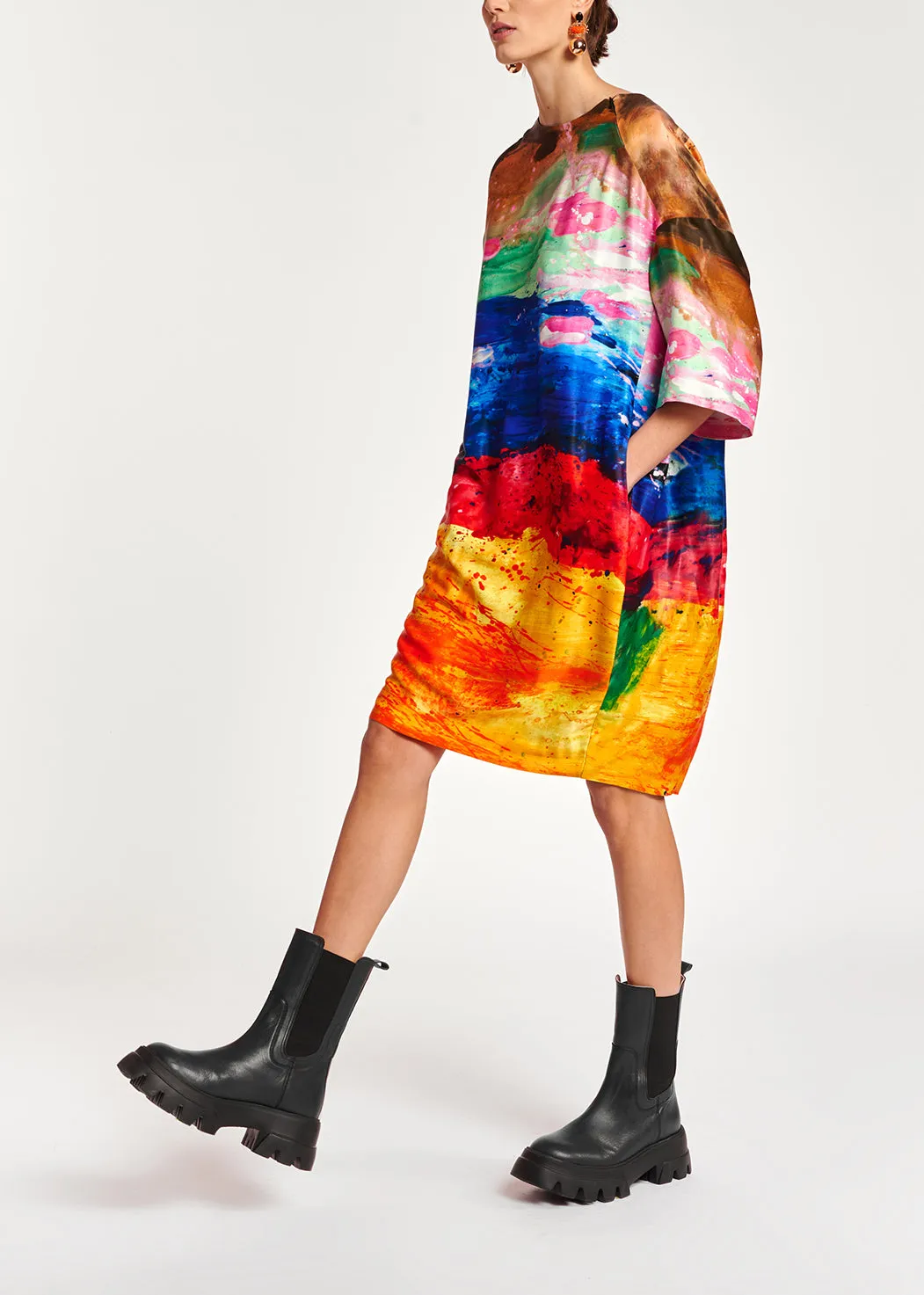 Multicolor paint brush print mini dress