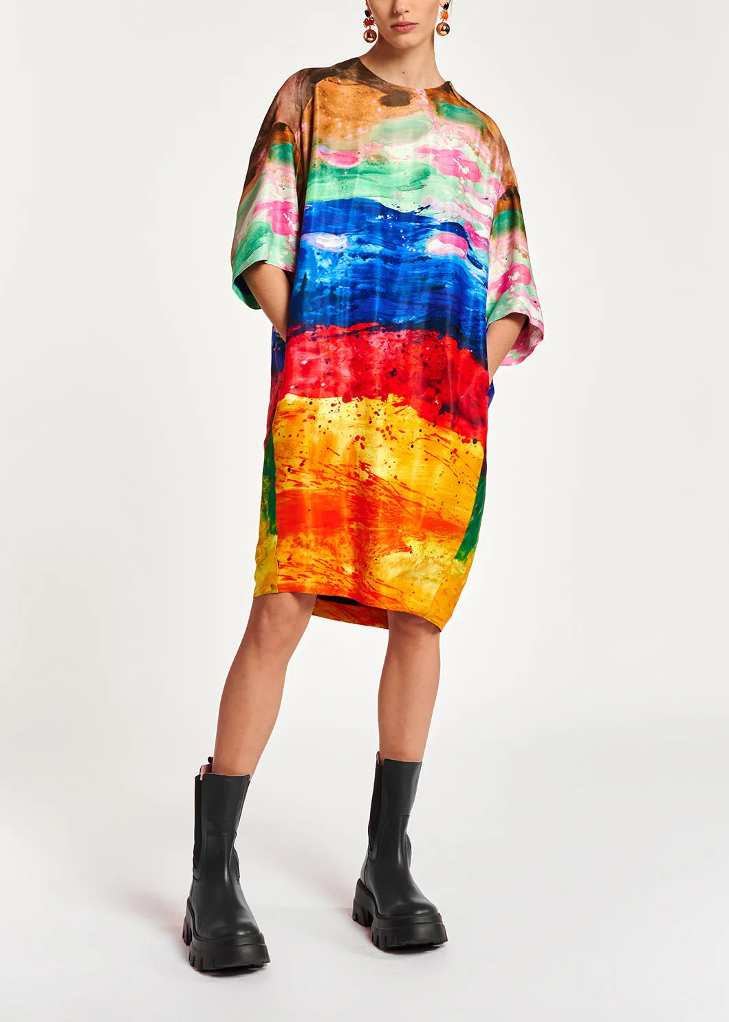 Multicolor paint brush print mini dress