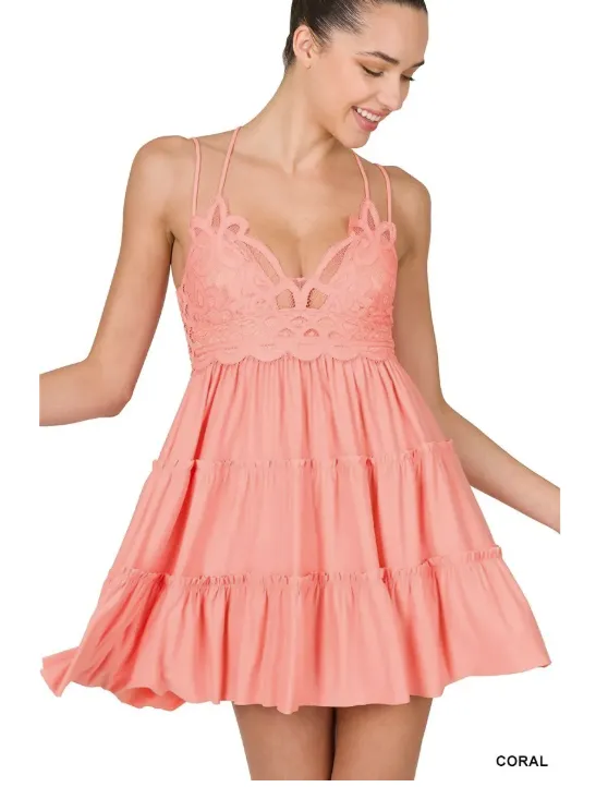 NEW Zenana Strappy Lace Ruffled Super Short Mini Dress LT6348