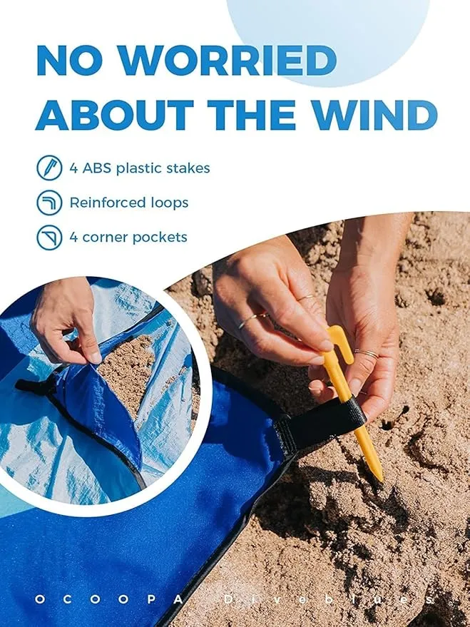 OCOOPA Extra Large Beach Blanket, Sand Free, Large Oversized Camping Mat, Comfortable Parachute Nylon, Cozy& Chic, Compact& Light, 4 Stakes&1 Travel Bag, S09