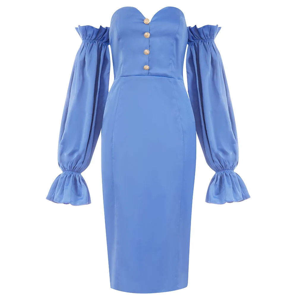 Off Shoulder Long Sleeve Frill Midi Bodycon Dress