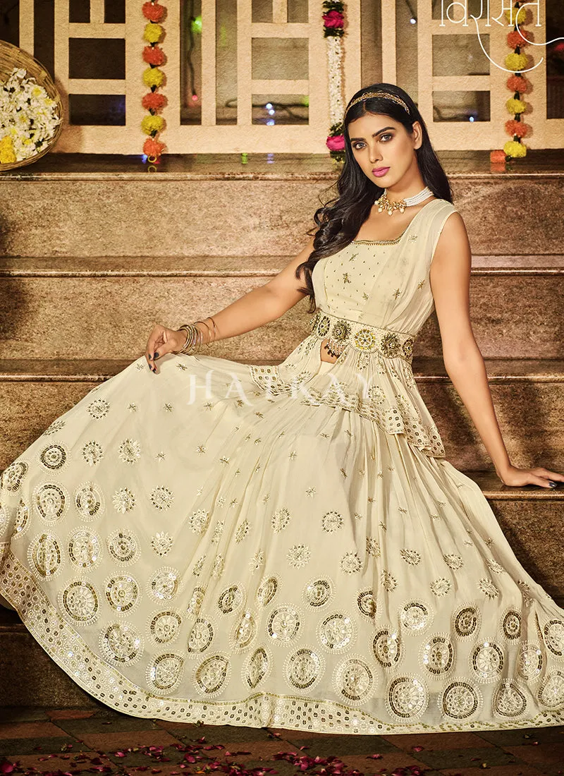 Off White Sequence Embroidery Peplum Lehenga Choli