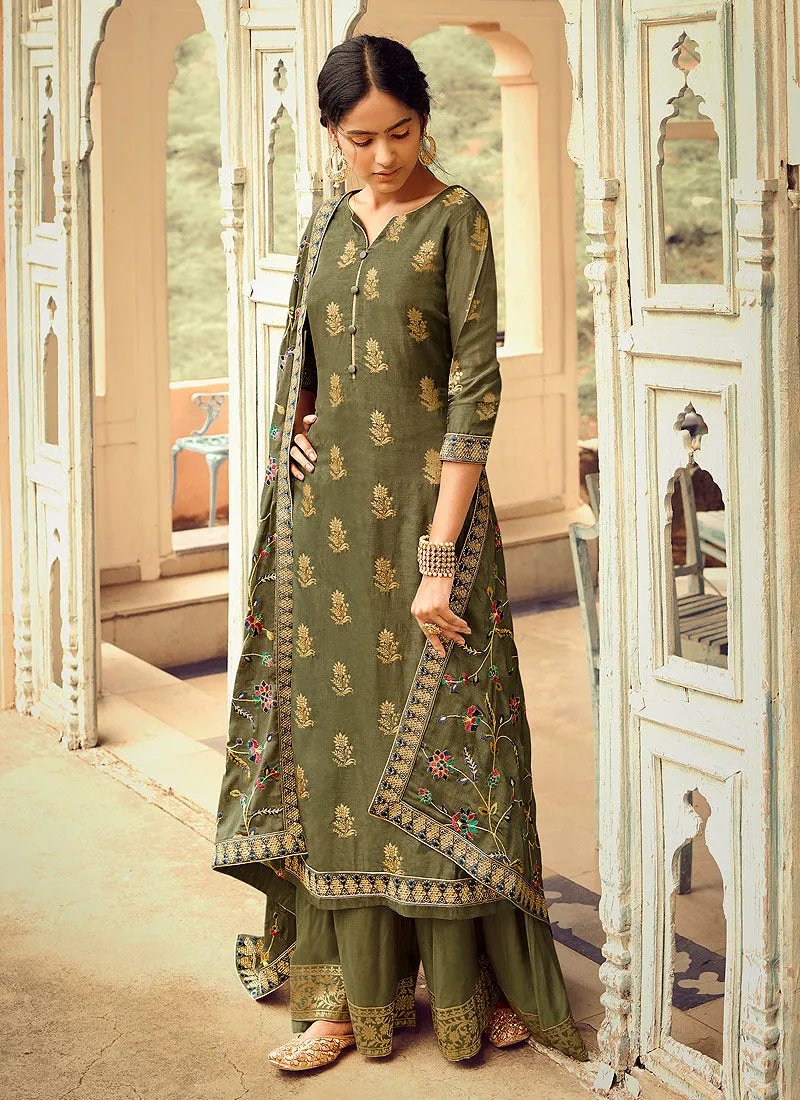 Olive Green Multi Embroidered Gharara Suit