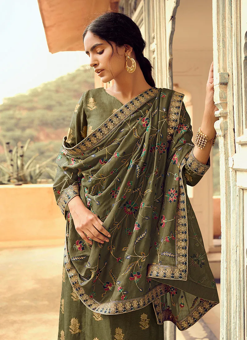 Olive Green Multi Embroidered Gharara Suit