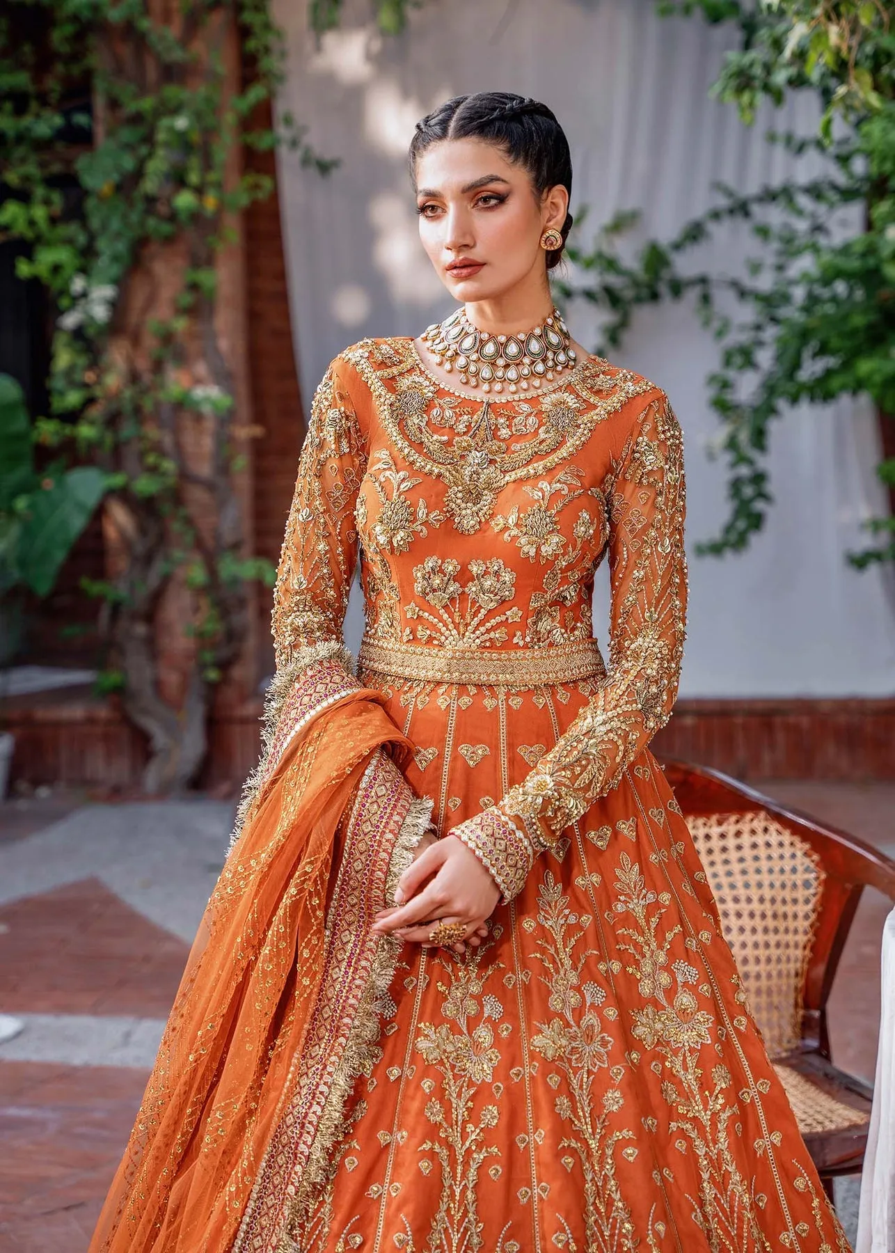Orange Pakistani Party Dress in Pishwas Dupatta Style
