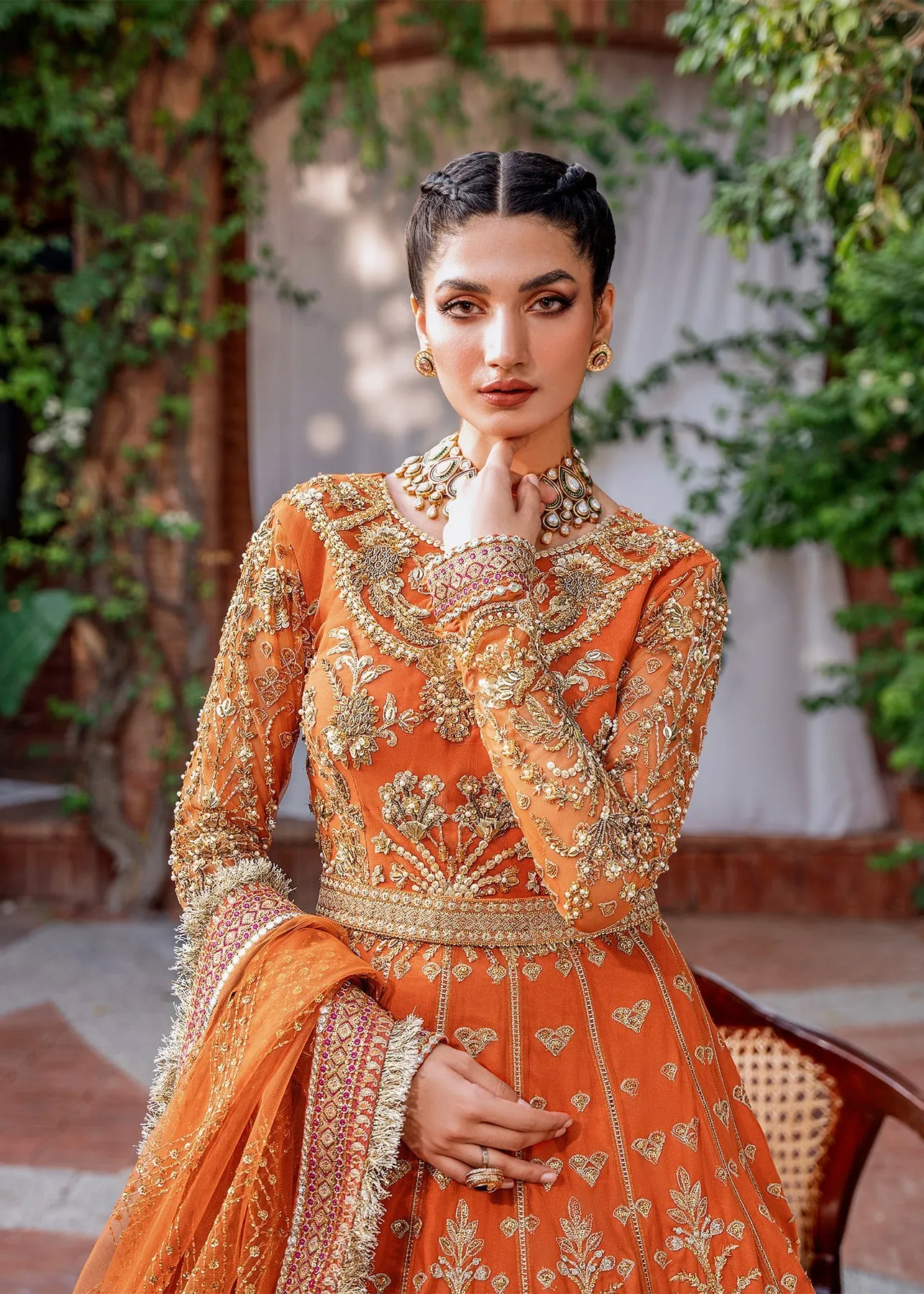 Orange Pakistani Party Dress in Pishwas Dupatta Style