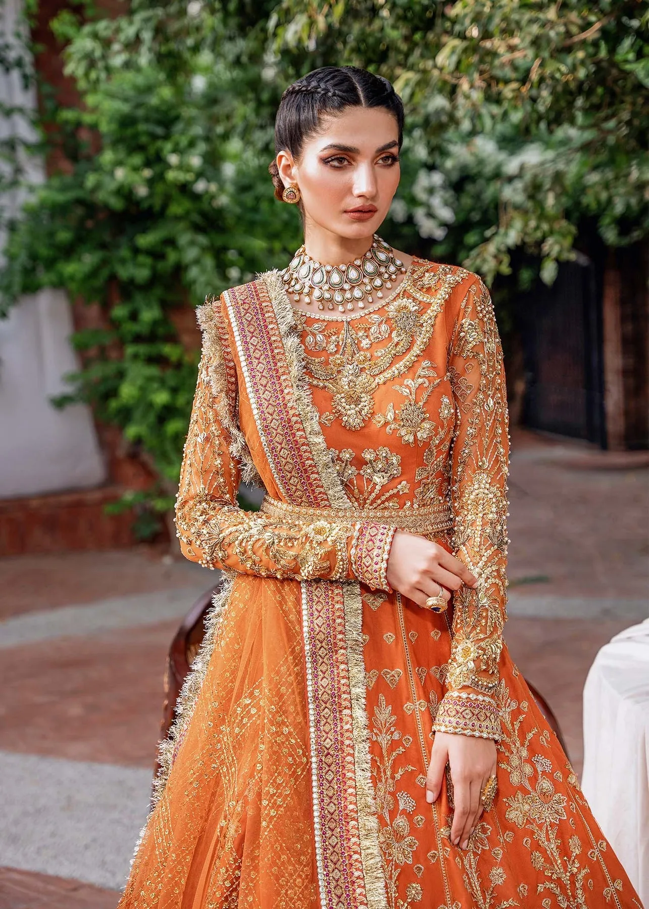 Orange Pakistani Party Dress in Pishwas Dupatta Style