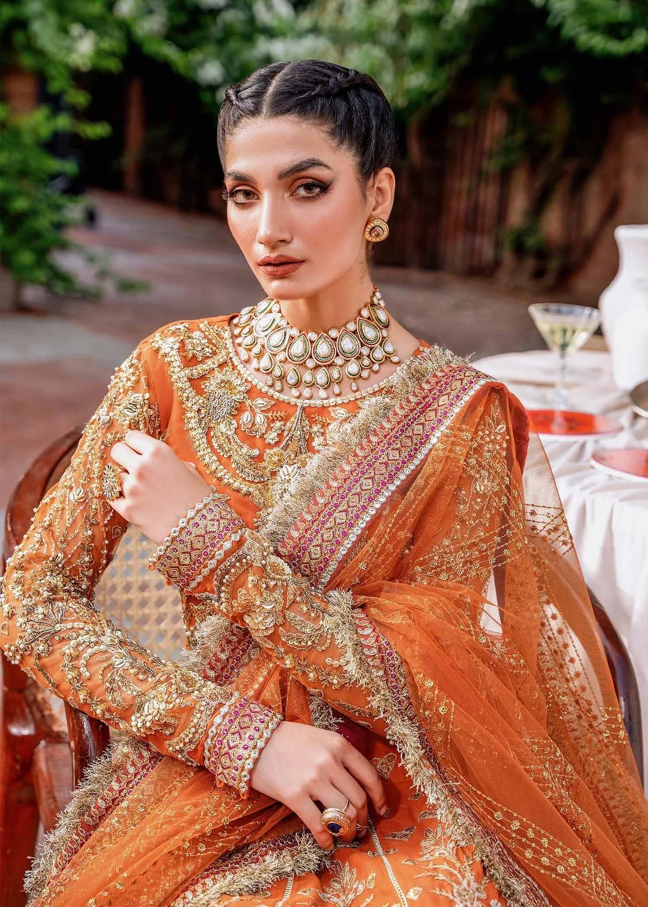 Orange Pakistani Party Dress in Pishwas Dupatta Style