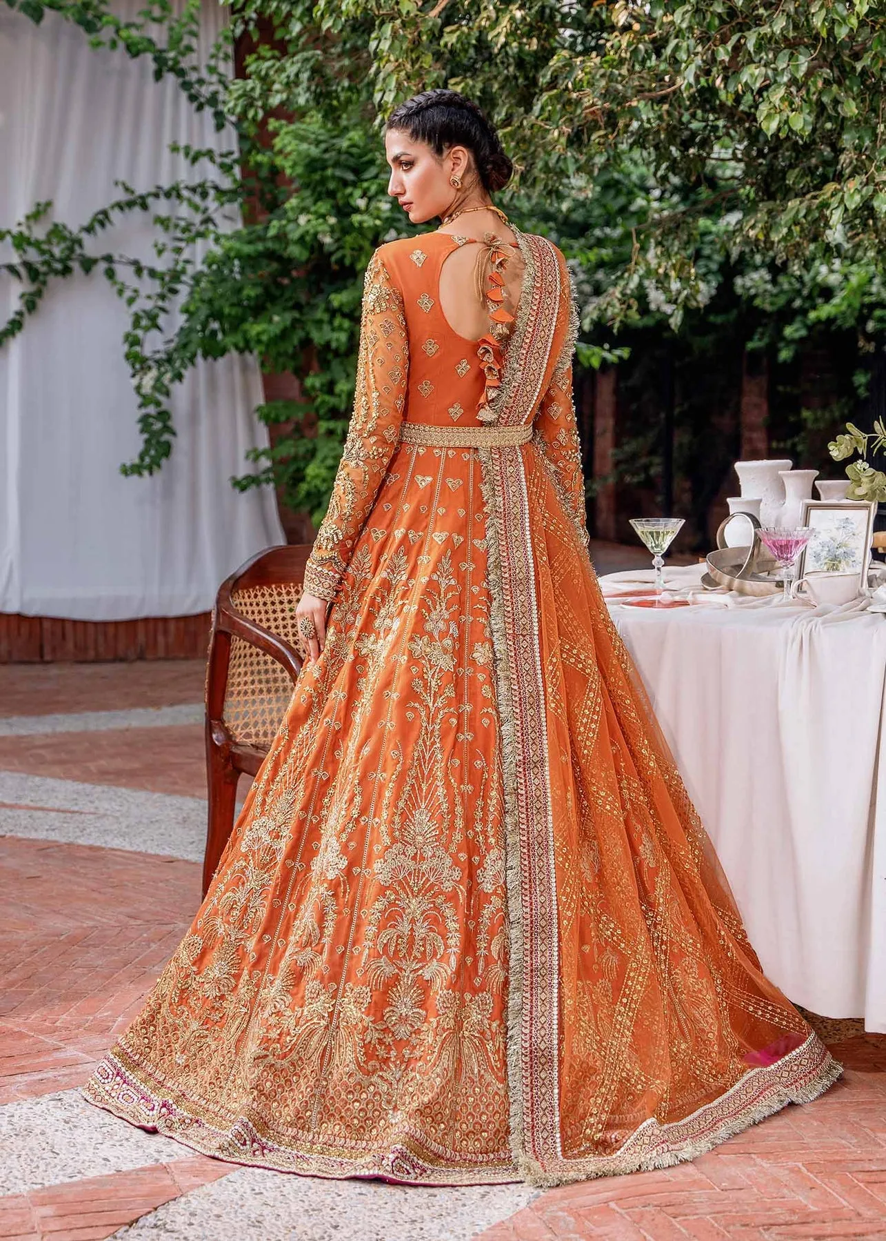Orange Pakistani Party Dress in Pishwas Dupatta Style