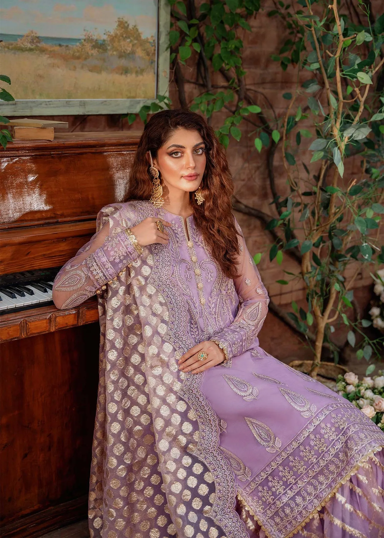Pakistani Party Dress in Purple Gharara Kameez Style