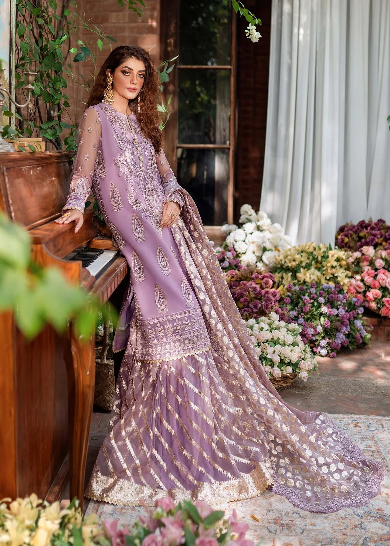 Pakistani Party Dress in Purple Gharara Kameez Style