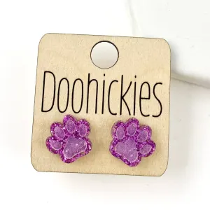 Paw Stud Earrings: Purple Glitter Doohickie