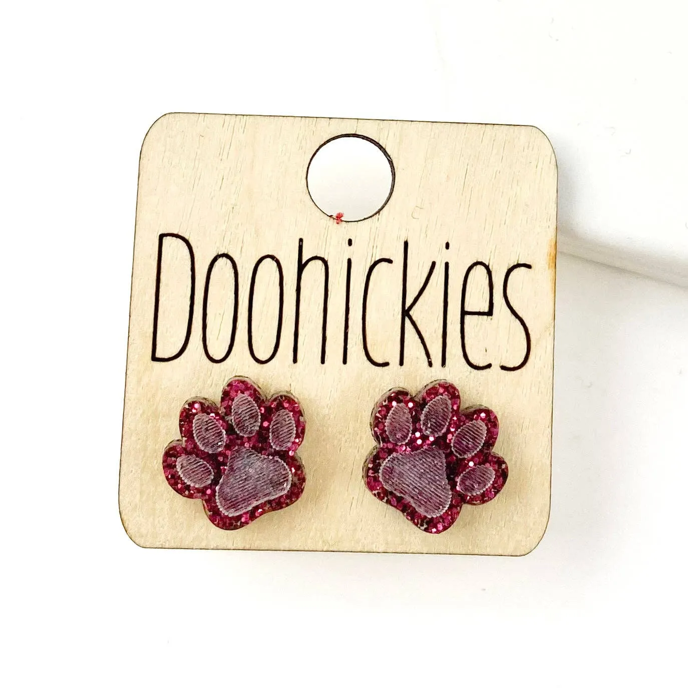 Paw Stud Earrings: Purple Glitter Doohickie
