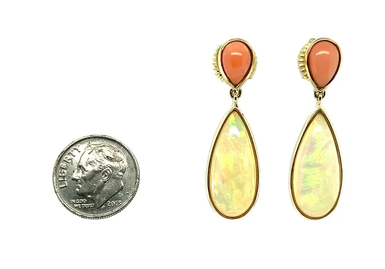 Pear Shape Coral and Ethiopian Opal Dangle Earrings in 18k Yellow Gold
