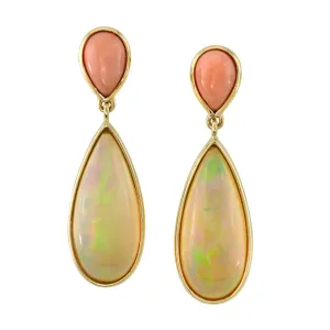 Pear Shape Coral and Ethiopian Opal Dangle Earrings in 18k Yellow Gold