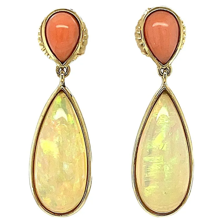 Pear Shape Coral and Ethiopian Opal Dangle Earrings in 18k Yellow Gold