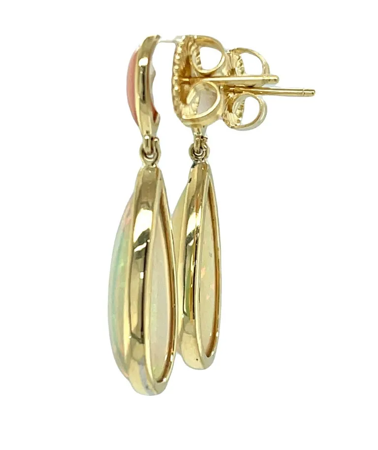 Pear Shape Coral and Ethiopian Opal Dangle Earrings in 18k Yellow Gold
