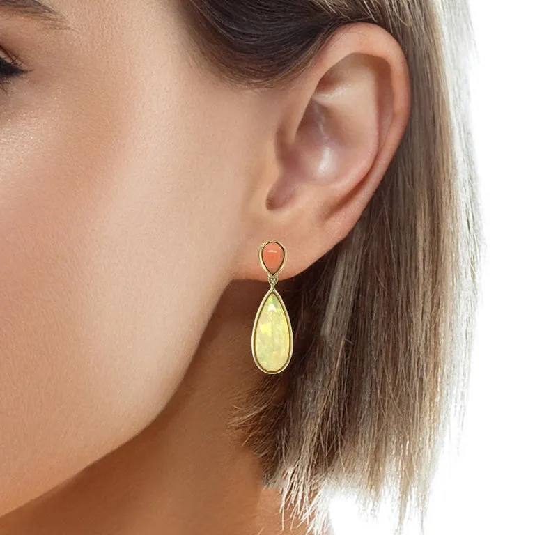 Pear Shape Coral and Ethiopian Opal Dangle Earrings in 18k Yellow Gold