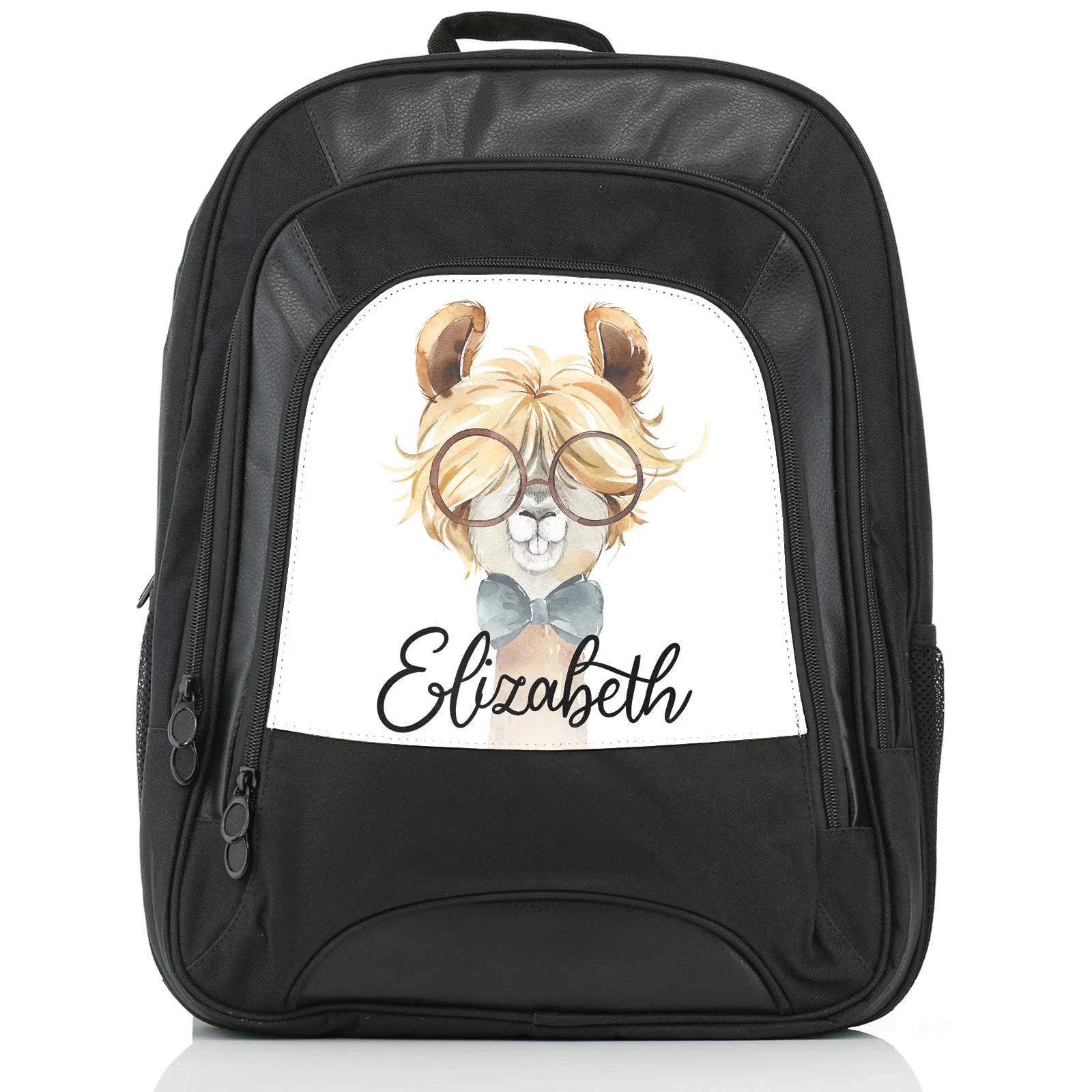 Personalised Rucksack with Alpaca Bow Tie and Glasses and Cute Text