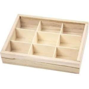 Plain Wooden Sliding Lid Display Box Storage 9 Compartments Decorate Craft