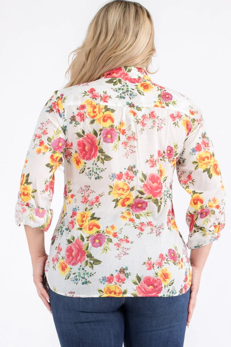 Plus Size Ivory Floral Button-Down Shirt
