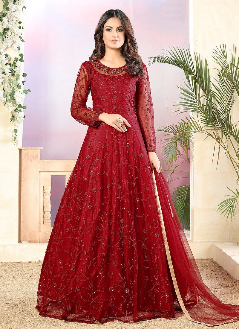 Red Embroidered Net Anarkali Suit