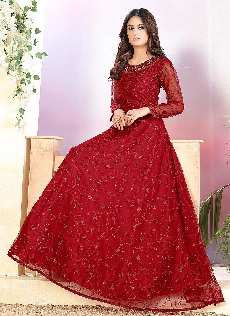 Red Embroidered Net Anarkali Suit