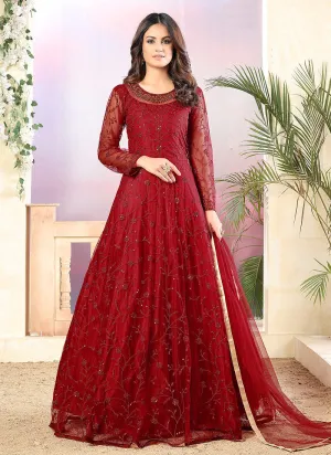 Red Embroidered Net Anarkali Suit