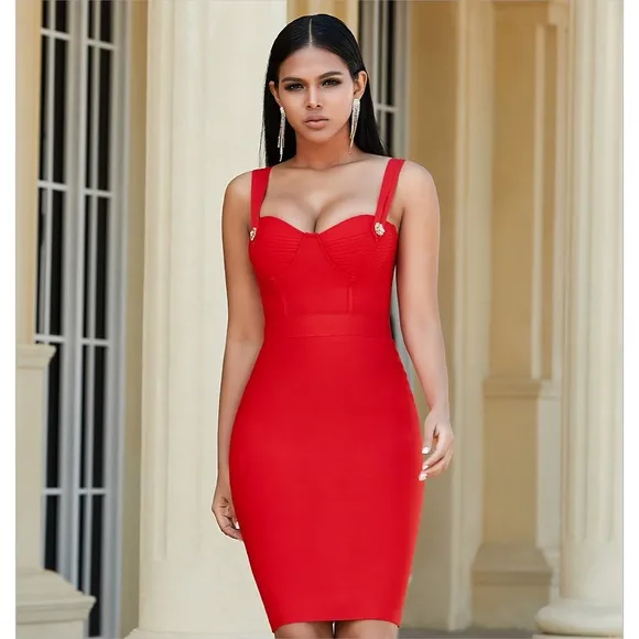 Red Sleeveless Embellished Bustier Bandage Bodycon Midi Dress