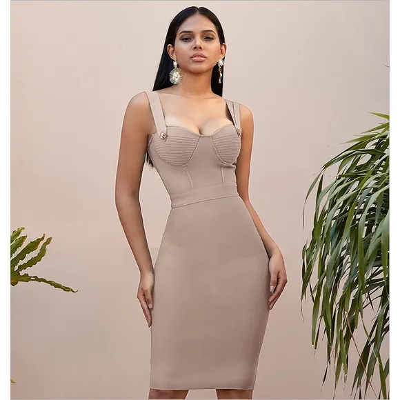 Red Sleeveless Embellished Bustier Bandage Bodycon Midi Dress