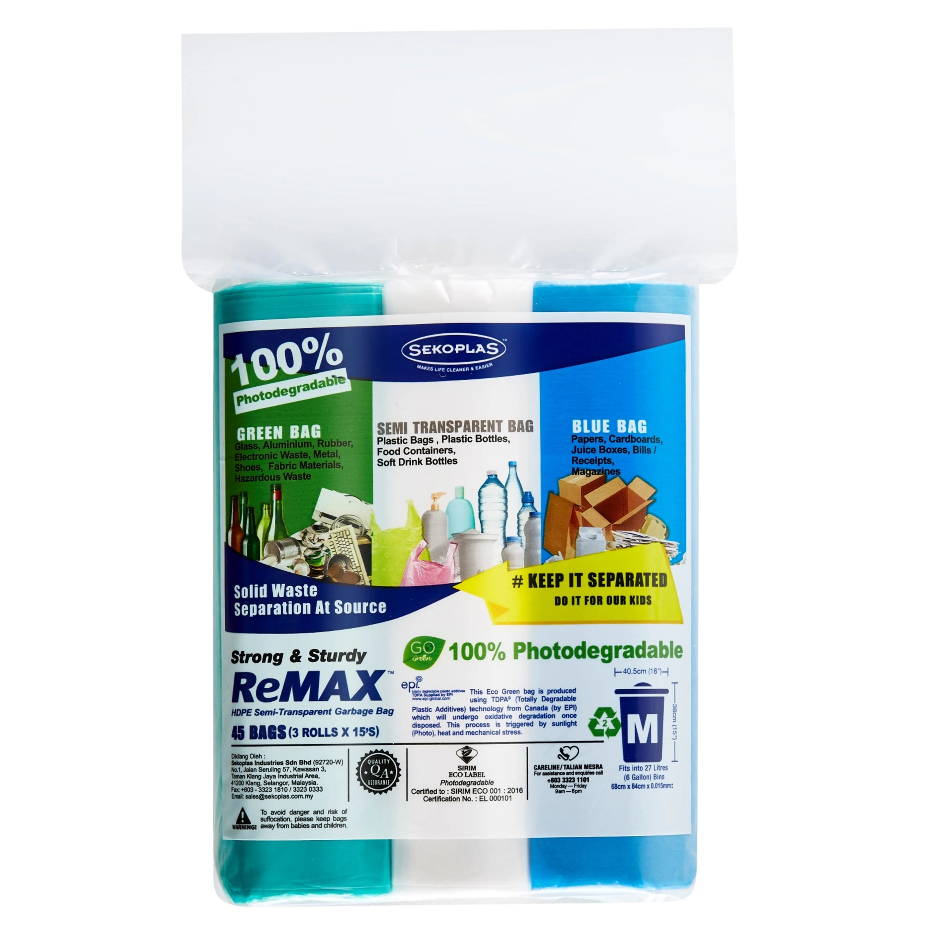 ReMAX 3-in-1 Solid Waste Segregation Garbage Bag Size M (68cm x 84cm) 3x15's