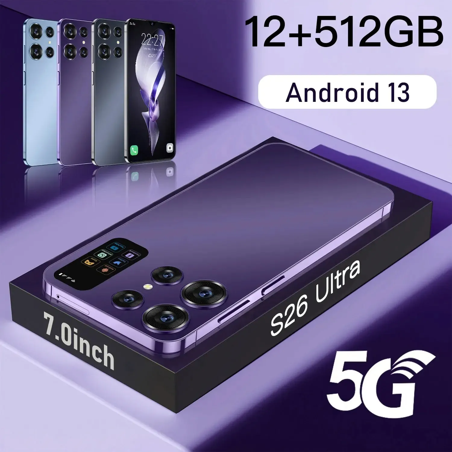 S26 Ultra, 7.0 inch Unlocked Android Smartphone, 12GB 512GB, 4G/5G, Dual SIM, 7000mAh Battery