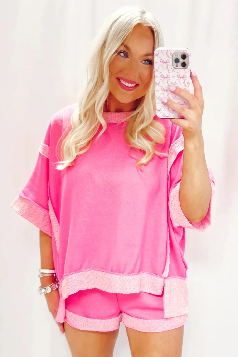 Sachet Pink Terry Cloth Colour Blocking Shorts Set