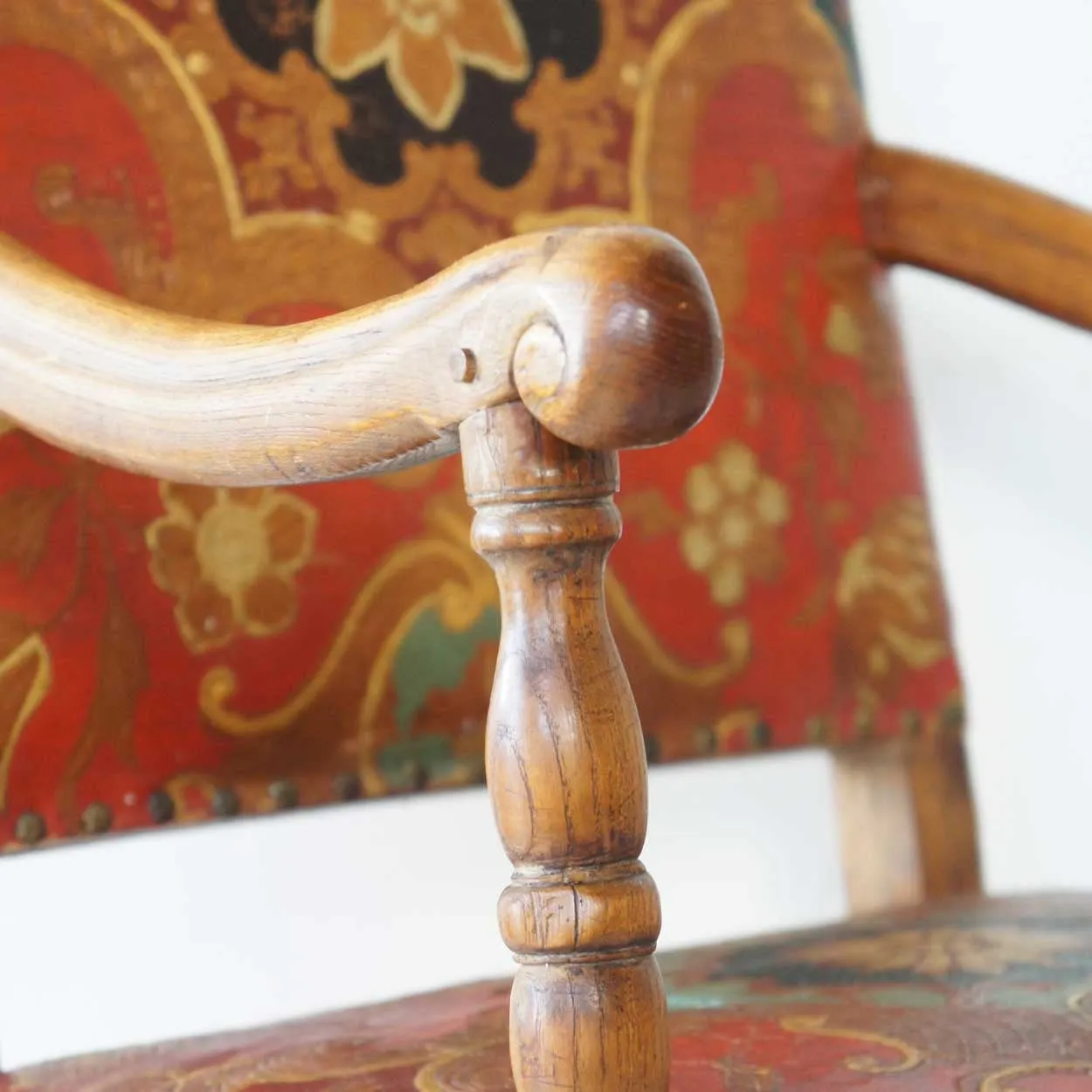 Scandinavian Baroque Brass Tacked Embossed Leather and Oak Armchair