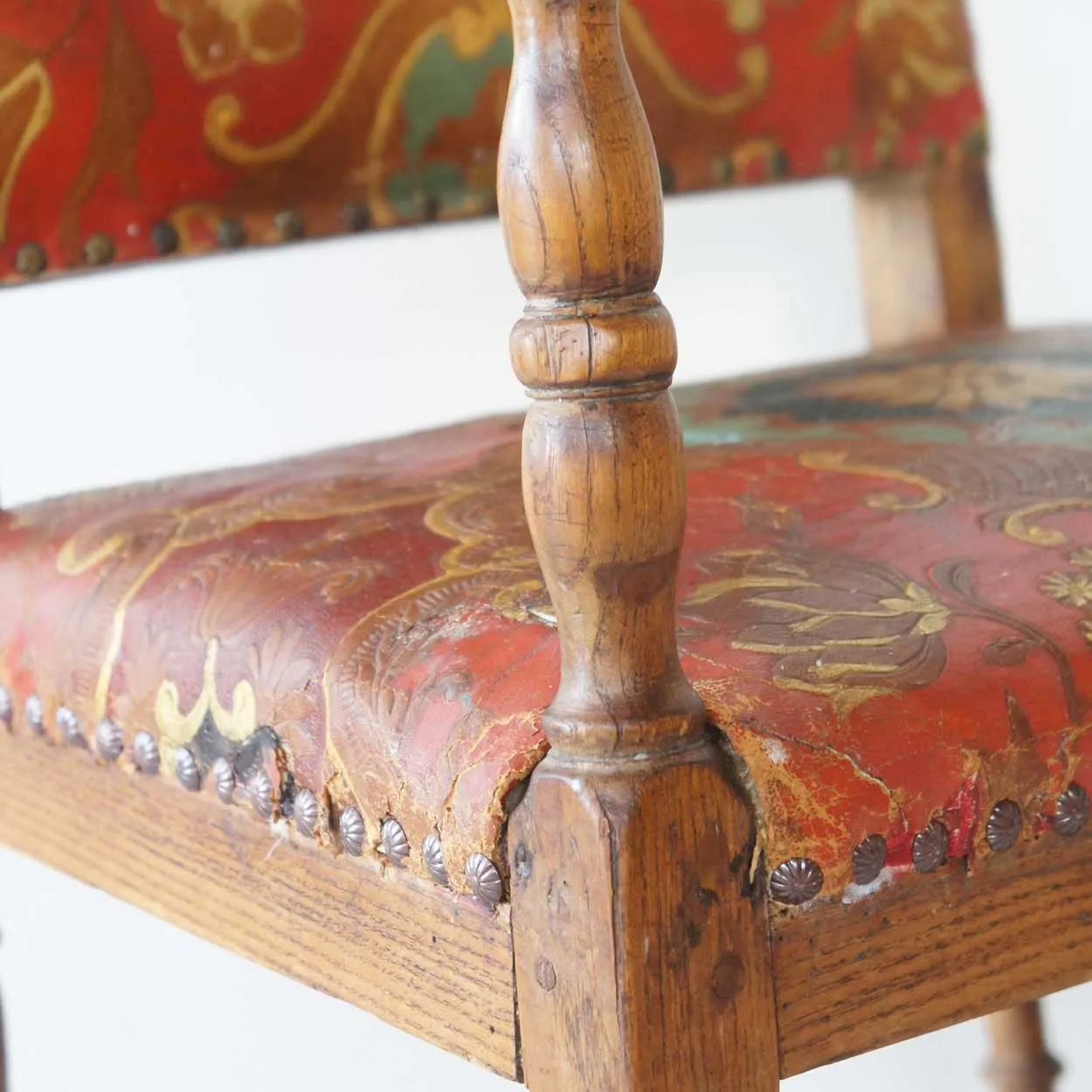 Scandinavian Baroque Brass Tacked Embossed Leather and Oak Armchair