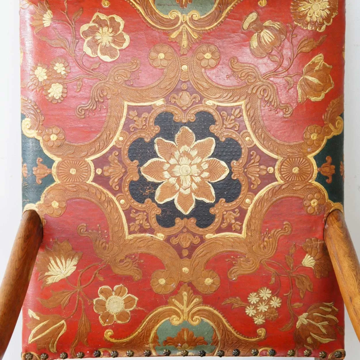 Scandinavian Baroque Brass Tacked Embossed Leather and Oak Armchair