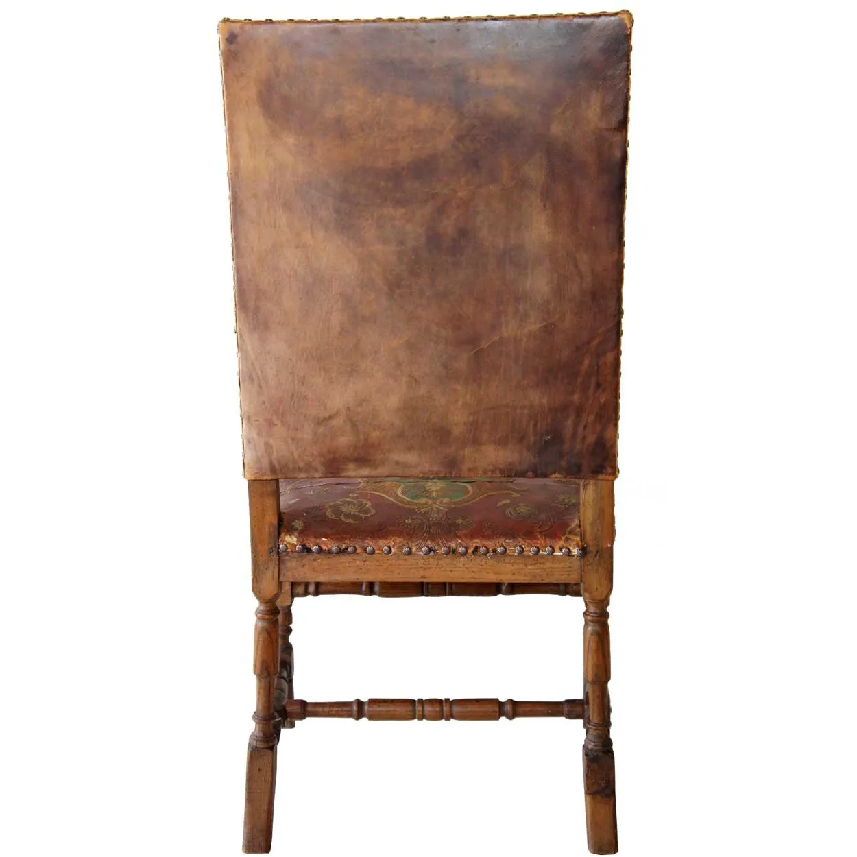 Scandinavian Baroque Brass Tacked Embossed Leather and Oak Armchair