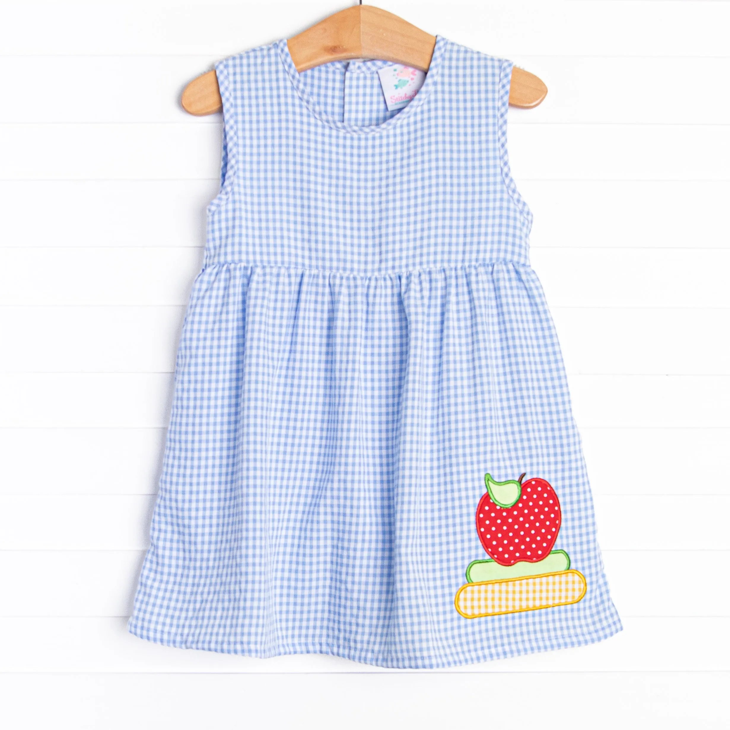 School Days Applique Dress, Blue Check