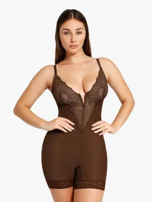 Shapewear Lace Deep V-Neck Sculpting Mid-Thigh Bodysuit