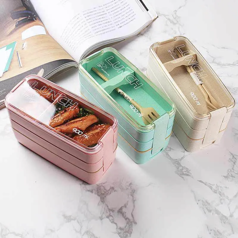 Square Double Three-layer Wheat Straw Fiber Plastic Lunch Box