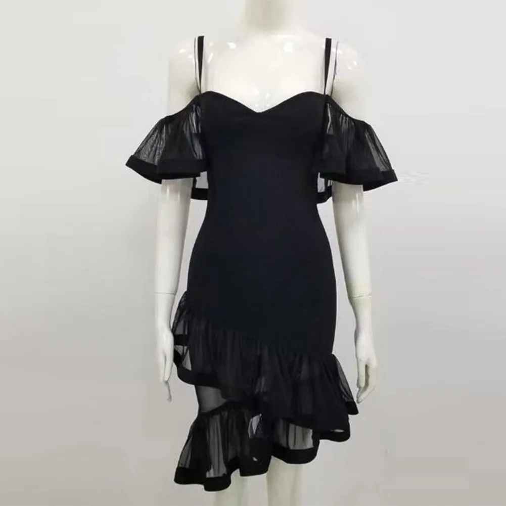Strappy Short Sleeve Frill Midi Bandage Dress