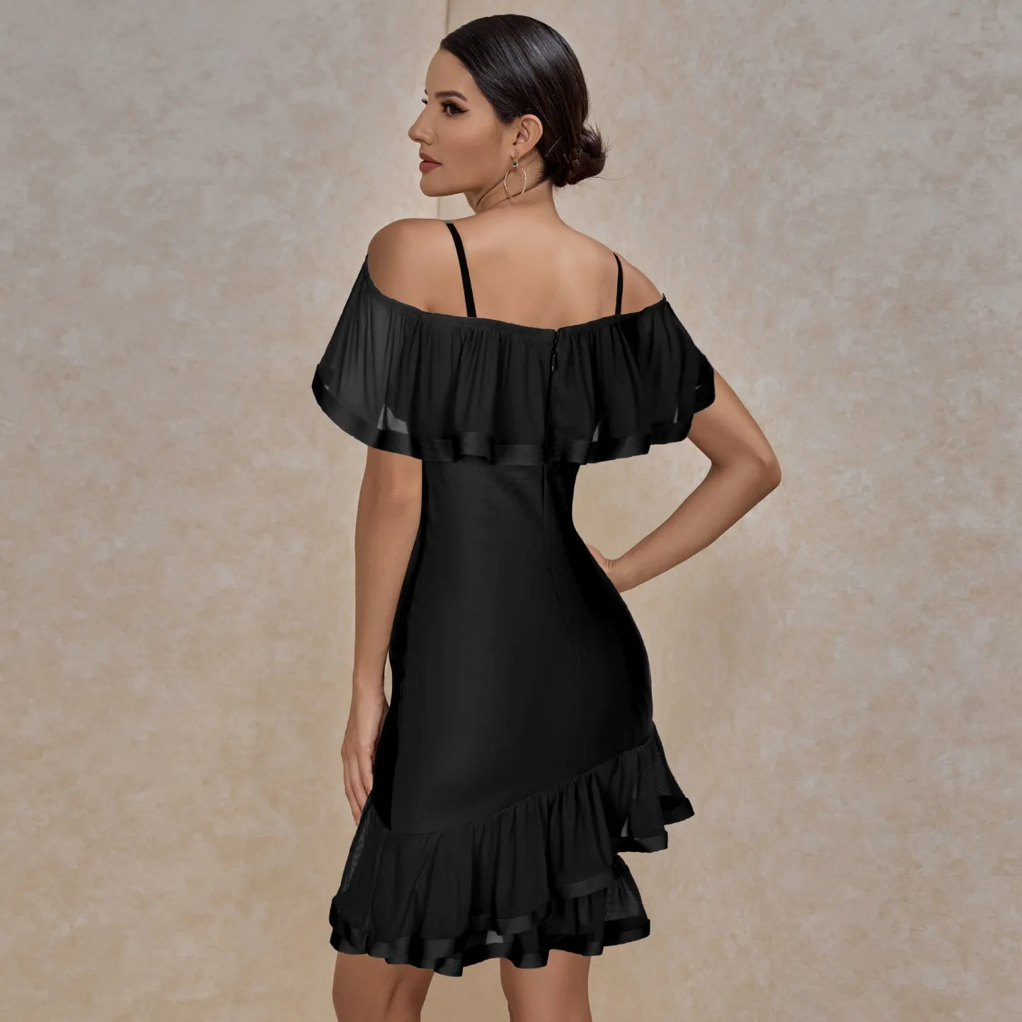 Strappy Short Sleeve Frill Midi Bandage Dress
