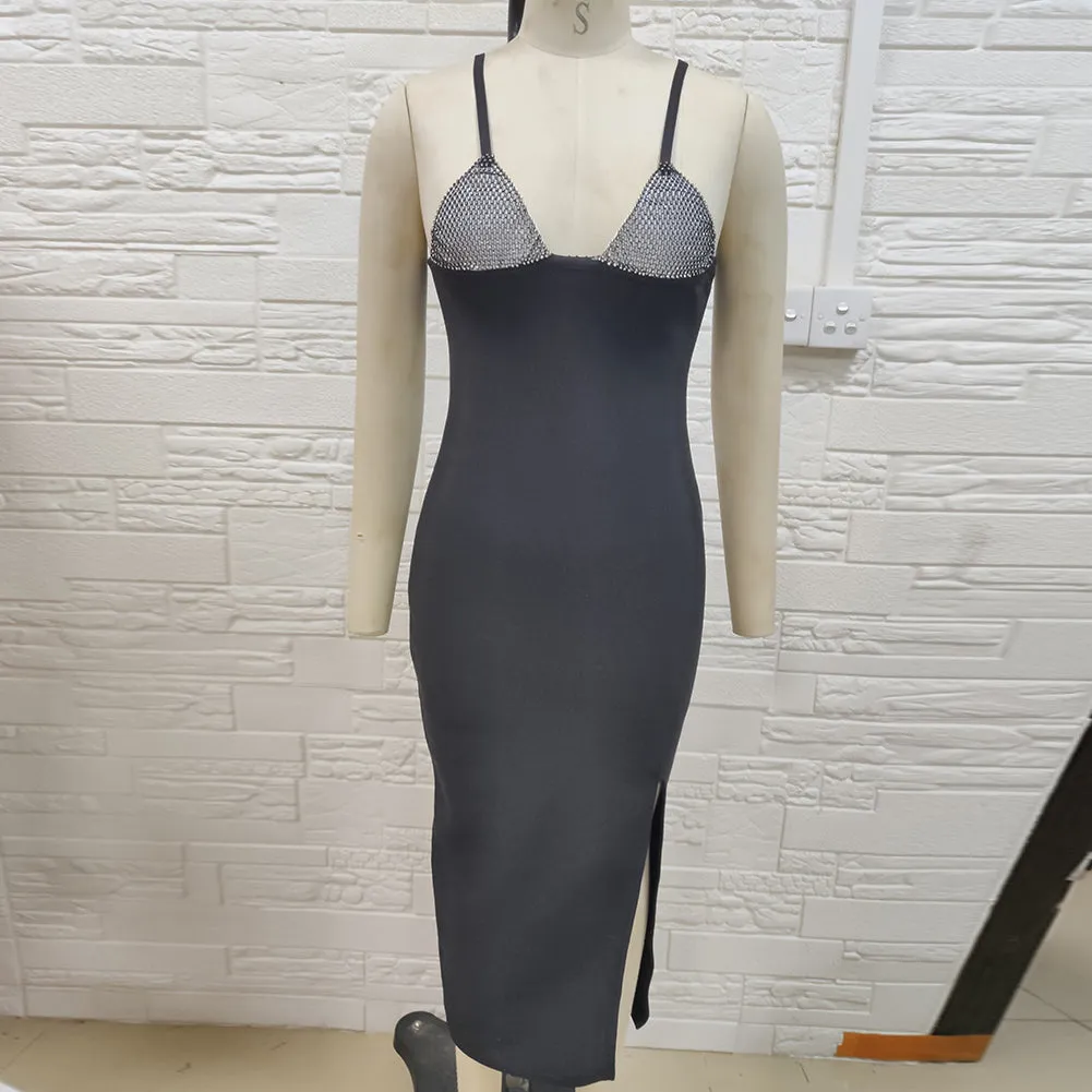 Strappy Sleeveless Rhinestone Midi Bandage Dress PH0503