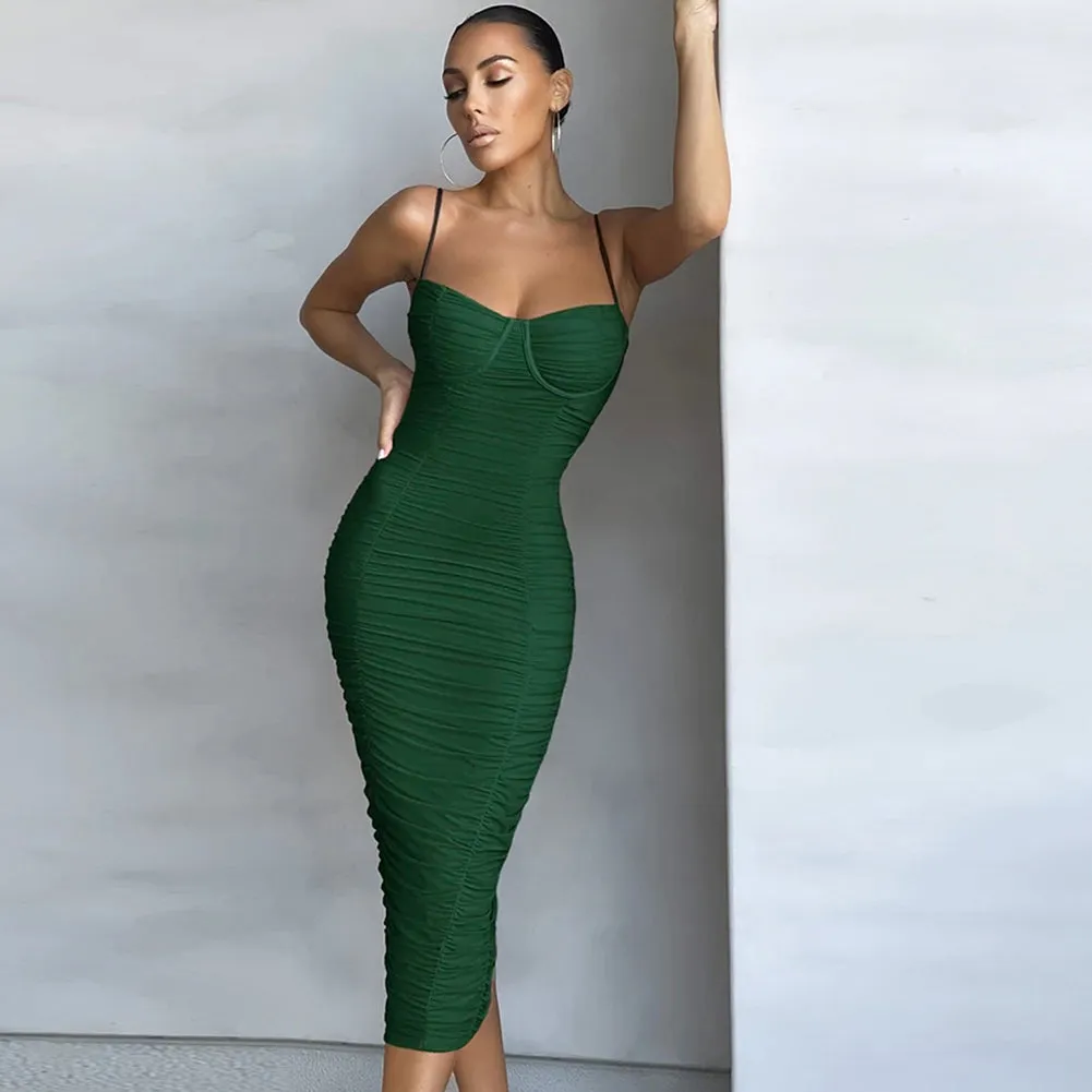Strappy Sleeveless Wrinkled Midi Bandage Dress PP21828