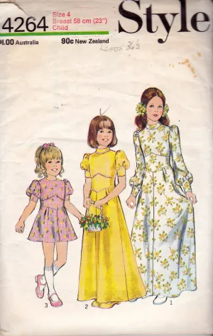 Style 4264 Girls Midriff Panel Bridesmaids Flower Girl Dress 1970s Vintage Sewing Pattern Size 4