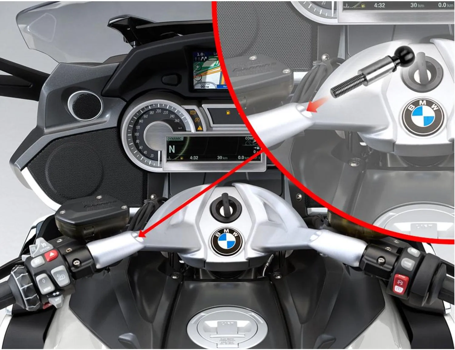 TackForm Drink Holder Series - BMW M10 Handlebar Bolt Mount - Long Reach (R1200, R1250, K1600 and Similar)