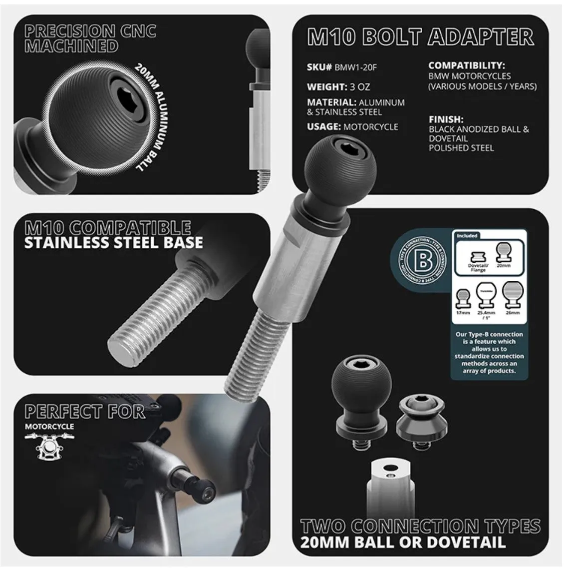 TackForm Drink Holder Series - BMW M10 Handlebar Bolt Mount - Long Reach (R1200, R1250, K1600 and Similar)
