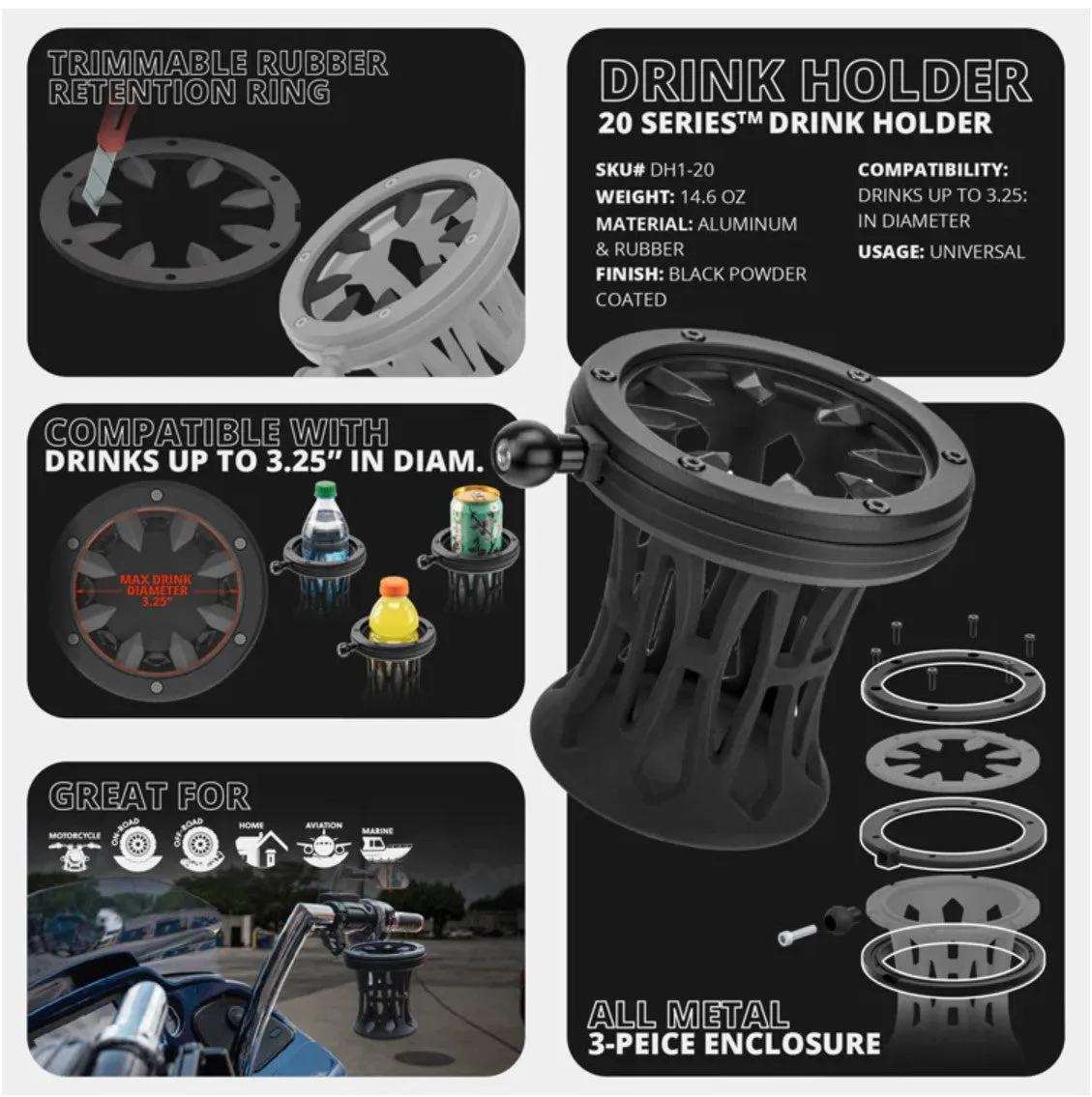 TackForm Drink Holder Series - BMW M10 Handlebar Bolt Mount - Long Reach (R1200, R1250, K1600 and Similar)